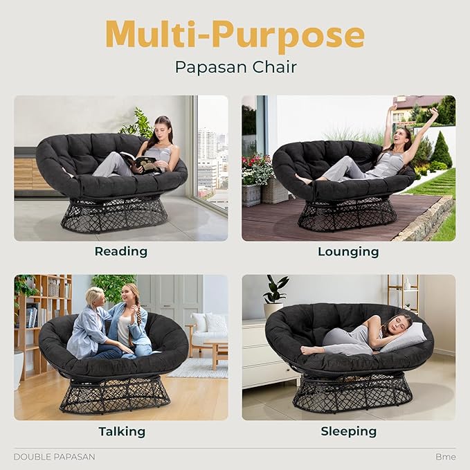 Bme Double Papasan Chair, 600lbs Capacity, Ergonomic Design, Soft Thick Fabric, Bee-Designed Base, Durable Steel, 61", Black Cushion-Black Frame