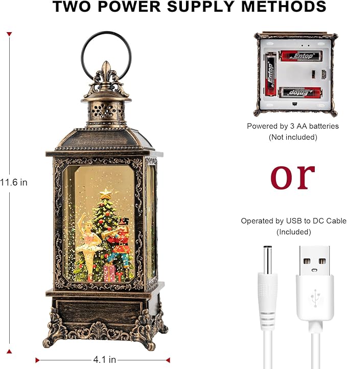 Christmas Snow Globe Nutcracker Lantern, Musical Lighted Nutcracker & Ballerina Water Lantern Swirling Glittering Home Decoration and Gift, Battery Operated or USB Powered