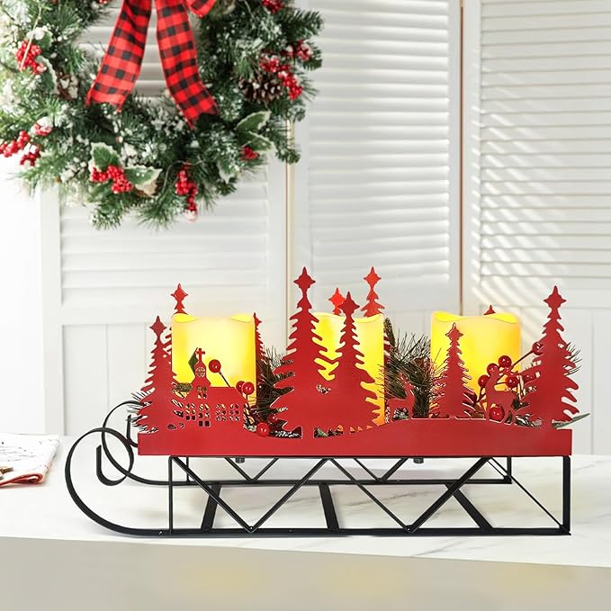 Christmas Sleigh Table Centerpieces Decorations, Xmas Red Cut-Out Tree Sleigh LED Candle Candelabrum with Timer Holiday Candle Holder for Home Party Table Mantel Decoration