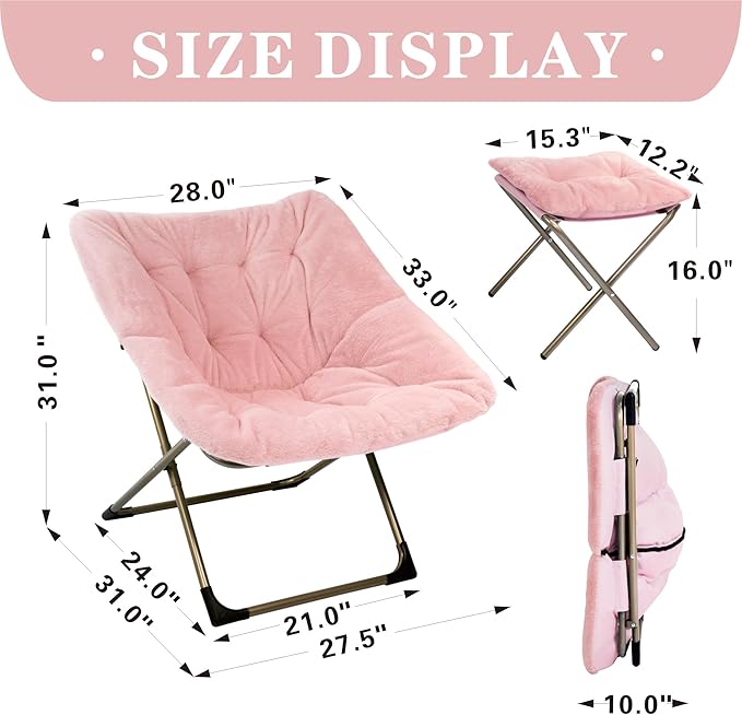 Kokel Plush Folding Chair and Ottoman Padded Metal Frame Living Room Chair (Pink-TM8)