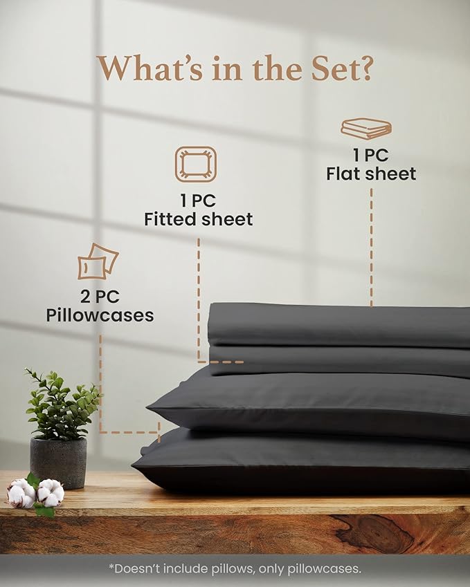 Good Sleep Bedding King Size Sheets Set Deep Pockets - 4 Pc, Egyptian Cotton, Fits Upto 16", 1000 TC King Size Bed Sheets Set - Dark Grey
