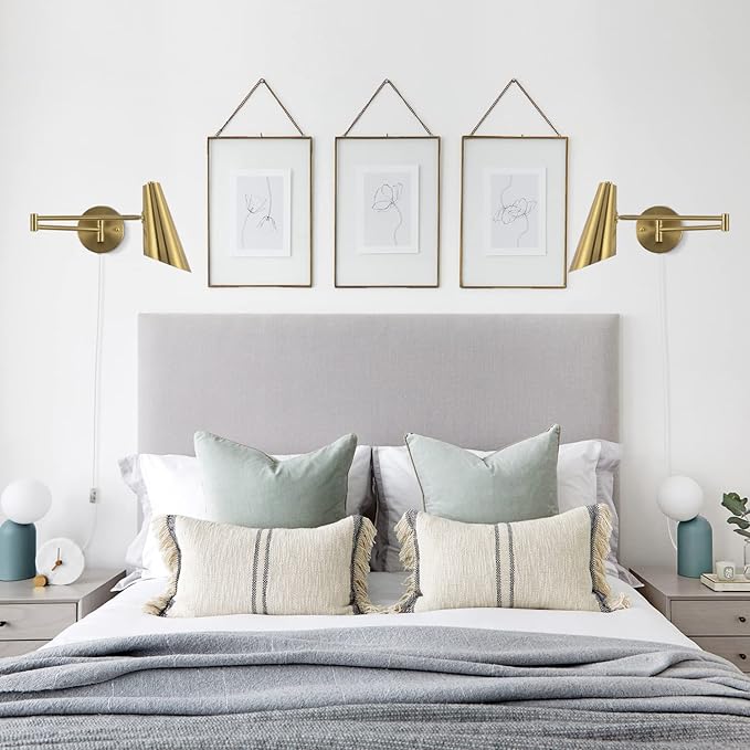 Plug in Wall Sconce Set of 2, Brass Swing Arms Wall Light Plug-in Wall Lamp for Bedroom Living Room Wall Lamp