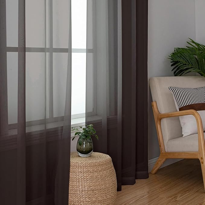 Aiyufeng Chocolate Sheer Curtains 54 Inches Long 2 Panels, Solid Voile Top Dual Rod Pockets Stylish Breathable Drapes Window Treatment for Kid's Room/Bedroom/Living Room, 42W x 54L, Chocolate Brown