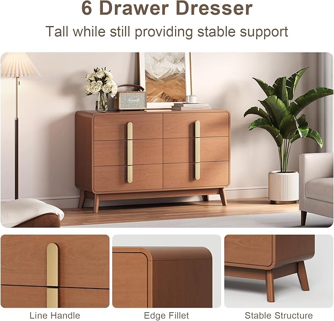 Mid Century Modern Bedroom Set, 6 Drawer Dresser and Nightstand Sets for Bedroom, Night Stand Set 2 & 6 Drawer Dresser with Gold Handles, Wood Chest of Drawers Storage Cabinet Set, Walnut
