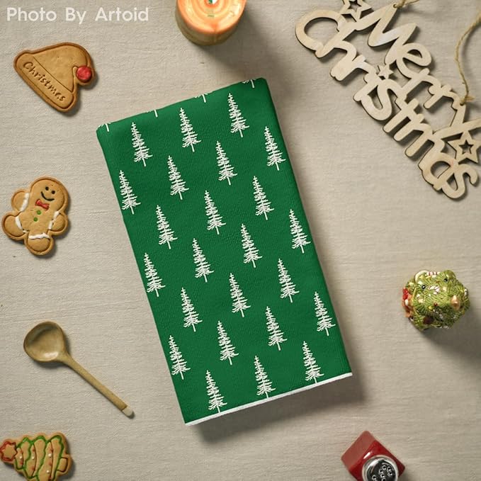 Artoid Mode Dark Green Xmas Trees Christmas Kitchen Towels Dish Towels, 18x26 Inch Holiday Farmhouse Winter Decoration Cleaning Set of 2