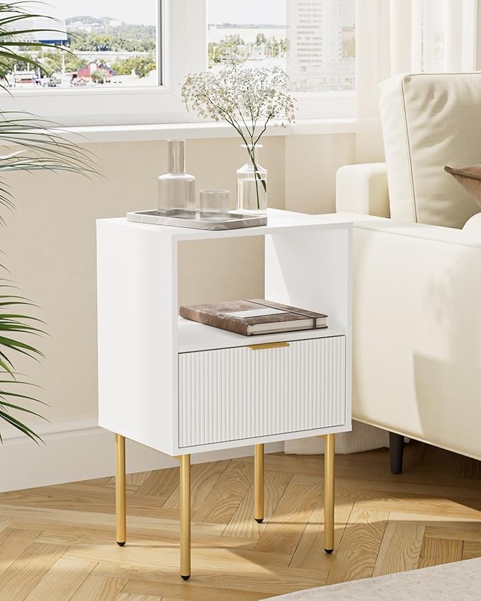 Masupu Night Stand, Mid-Century Bedside Table with Storage Drawer and Open Wood Shelf, Small Gold Frame Flueted Nightstand, Side Table for Bedroom, Living Room, White(Tall 25'')