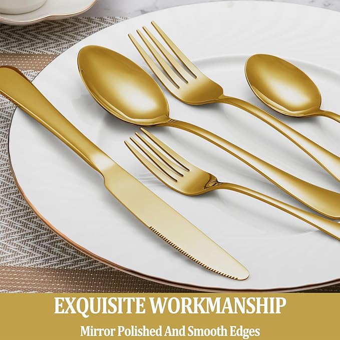 20 Pcs Gold Silverware Set Service for 4, Premium Stainless Steel Flatware Set, Cutlery Utensil Set, Durable Home Kitchen Eating Tableware Set, Include Fork Knife Spoon Set, Dishwasher Safe