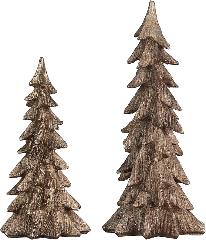 MEETYAMOR Christmas Decorations Indoor, Set of 2 Golden Resin Christmas Trees for Table Decor, Farmhouse Rustic Xmas Decorations Figurines for Home, Kitchen, Mantle, Shelf