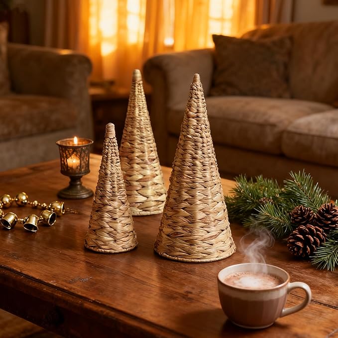 3pcs Woven Water Hyacinth Christmas Trees Decor, Artificial Christmas Tree Decorations for Home Party Table Village Craft Indoor Outdoor Vintage Christmas Decor(Natural)