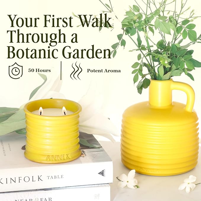 Scented Luxury Candles in Handmade Ceramic Jars, Soy Wax | Flower Bomb β Lily of The Valley & Jasmine, Large Candle | Non Toxic, 2 Wicks, Reusable Yellow Jar | Natural Spring Aromatherapy for Women