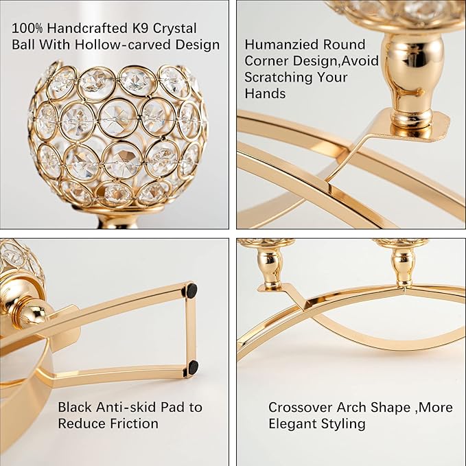 Vincigant Gold Crystal Candle Holders Set of 8 with 4Sets Crystal Candelabra 3 Arm Candlesticks Holder Table Centerpiece,Candelabra Centerpieces for Wedding Party Anniversary Home Living Room Decor