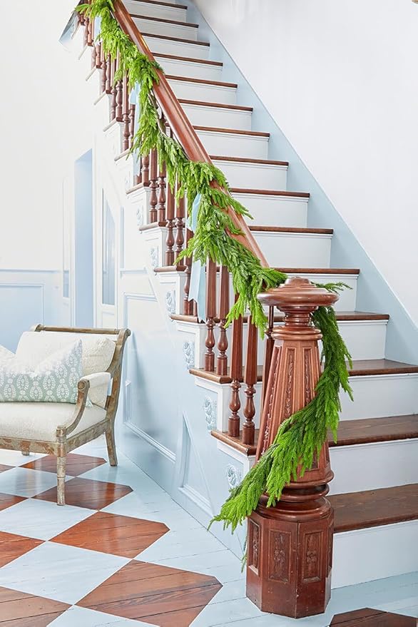 Faux Norfolk Pine Christmas Garland – Real Touch Greenery Artificial Cedar Christmas Garland for Fireplace Mantel, Staircase, Door Frame, Holiday Indoor Winter Décor (15FT)