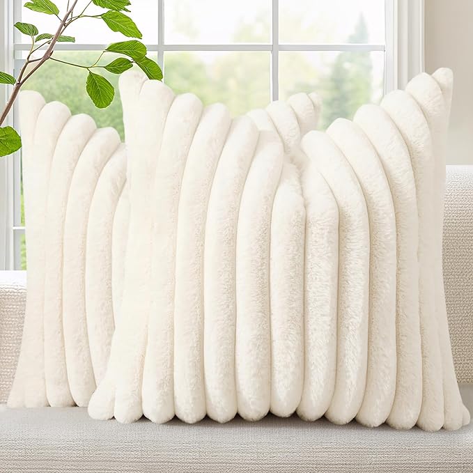 decorUhome Faux Fur Christmas Throw Pillow Covers 22x22 Set of 2, Decorative Soft Plush Striped Neutral Couch Euro Pillow Covers with Velvet Back for Sofa, Bed, Living Room Home Decor, Cream White