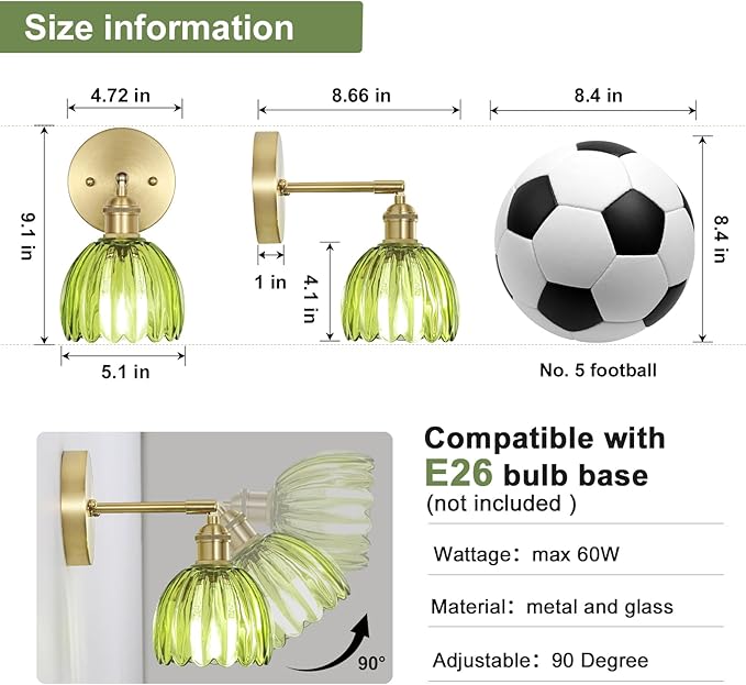 Vintage Wall Sconces Set of Two,Hardwired Wall Lights with Green Tulip Glass Lampshade,Gold Wall Lamps for Bedroom Bedside Stairway Bathroom Living Room(Bulbs Not Included)