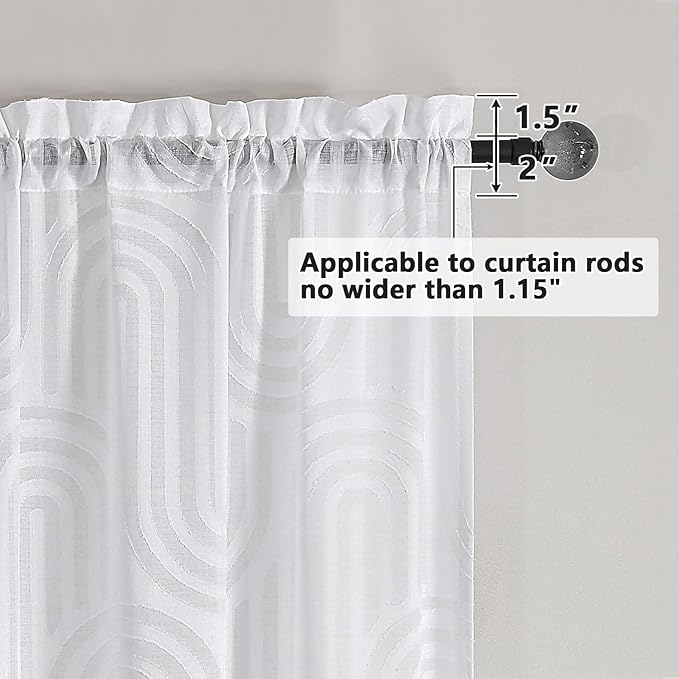 Simplebrand Sheer White Kitchen Curtains 36 Inch Length 2 Panels Set for Window, Soft Airy Geometric Jacquard Semi Sheer Curtains for Bathroom, Modern Rod Pocket Window Curtains, 42Wx36L Inches