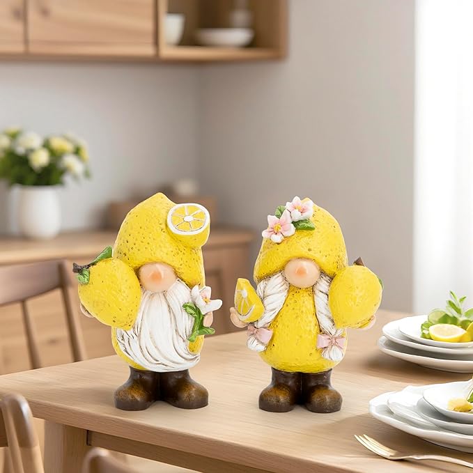 Hodao Set of 2 Lemon Gnome Figurines Sets - Lemon-Themed Gnomes Indoor Home Decor for Summer - Decorative Gnomes for Kitchen, Living Room, or Shelf - Cute Yellow Ornaments for Thanksgiving (Yellow-1)