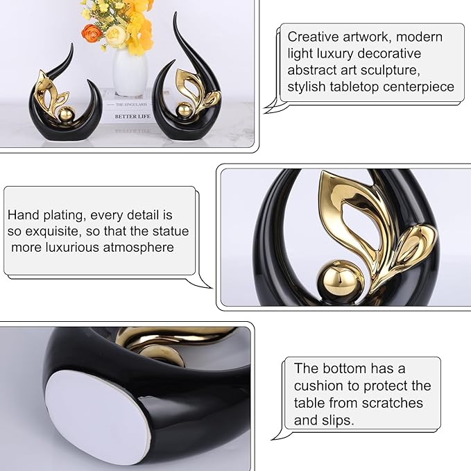 13" H Black Gold Abstract Sculptures Home Decor, Ceramic Art Statue Cool Stuff to Put on Shelves&tv Stand Decor, Gold Accent Entertainment Center, for Fireplace Coffee Table Dining Table Decorate