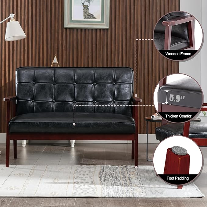 Okeysen Modern Loveseat Sofa Set (Black) - Ergonomic Leather, Mid-Century Design, 2-Seat & Accent Chair, Small Spaces Furniture, Living Room, Apartment, Office