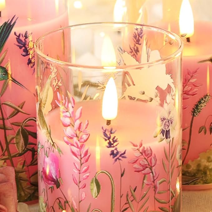 Pink Hummingbird Glass Flameless Candles with Remote, Flickering LED Pillar Candles Set of 3, Floral Candles Battery Operated Φ 3" H 4" 5" 6"