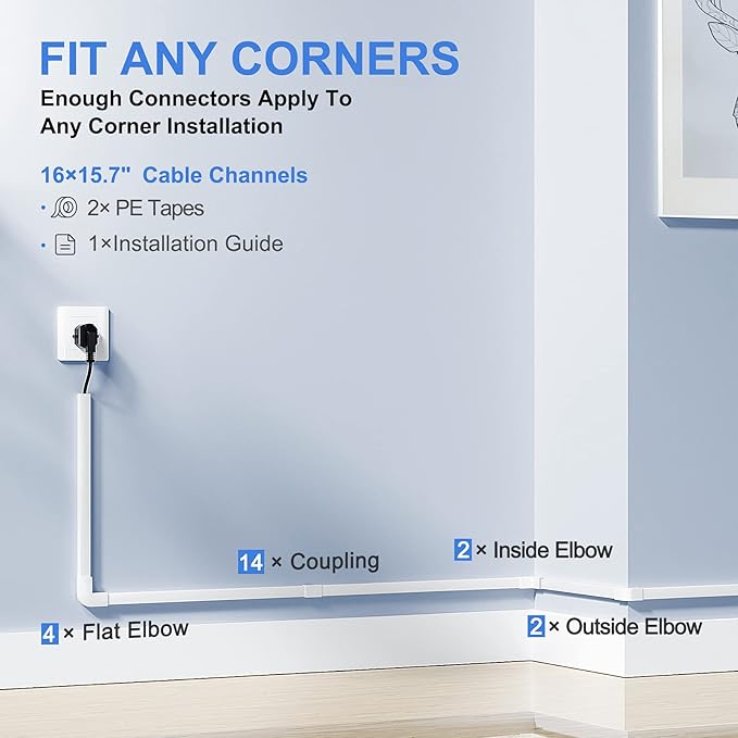 250in Cord Hider, One-Line Cable Hider, Yecaye Small Cord Covers for Wires on Wall System, Cable Raceway Kit for Max 2 Cords, Wire Hiders for Tv on Wall, Wire Hider, 16XL15.7in W0.59in H0.4in, White