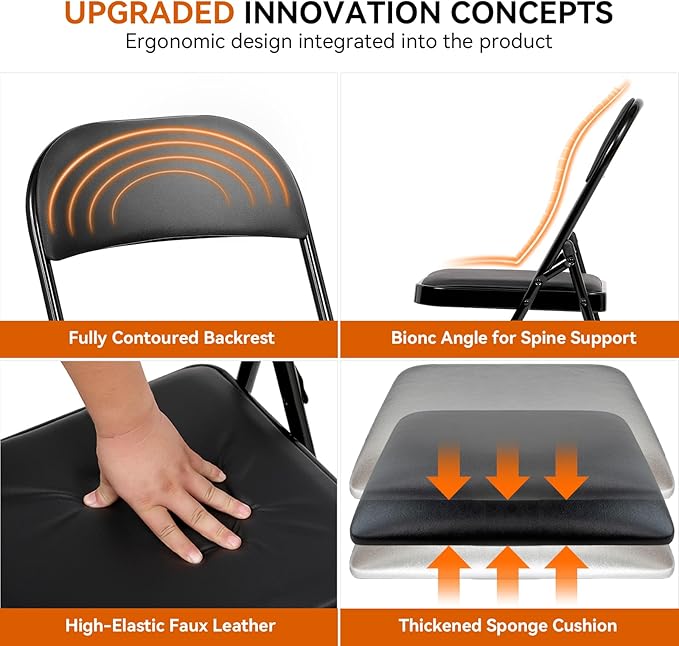 1 Pack Folding Chairs with Cushion Padded - Metal Chairs w/Comfortable Seats and Durable Steel Frame Foldable Chair for Indoor Outdoor Wedding, Party, Backyard & Office Events (Black, 1 Pack)
