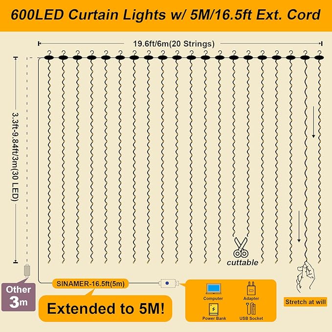 600LED Multicolor Curtain Lights for Bedroom, 19.6ft x 9.8ft Fairy Curtain String Light with 24 Hooks, 8 Modes Hanging Lights for Wedding, Party, Backdrop, Window, Xmas Decor