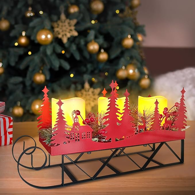 Christmas Sleigh Table Centerpieces Decorations, Xmas Red Cut-Out Tree Sleigh LED Candle Candelabrum with Timer Holiday Candle Holder for Home Party Table Mantel Decoration