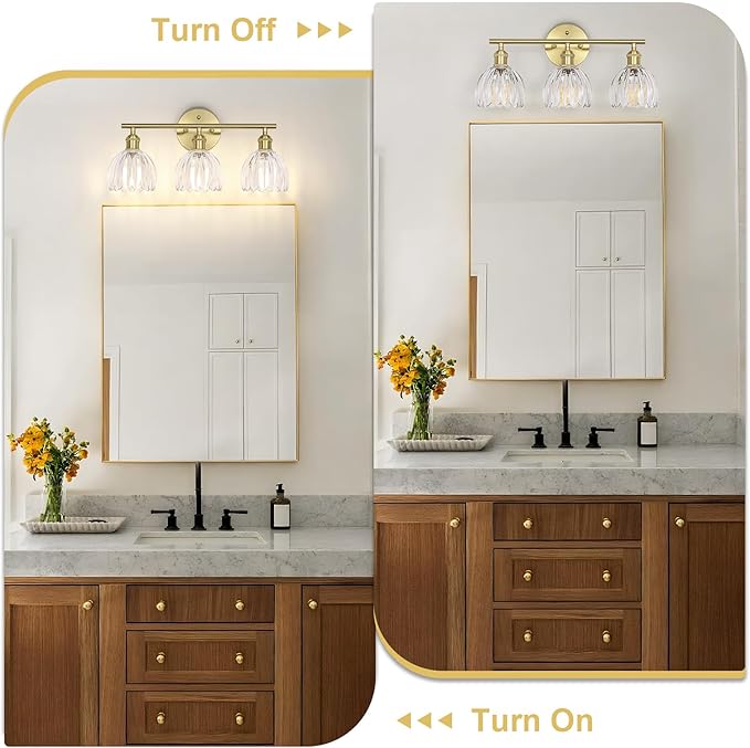 Vintage Bathroom Light Fixtures,3-Light Hardwired Vanity Lights Over Mirror,Gold Wall Sconces with Clear Tulip Glass Shade for Bathroom Living Room,E26 Socket(Bulbs Not Included)