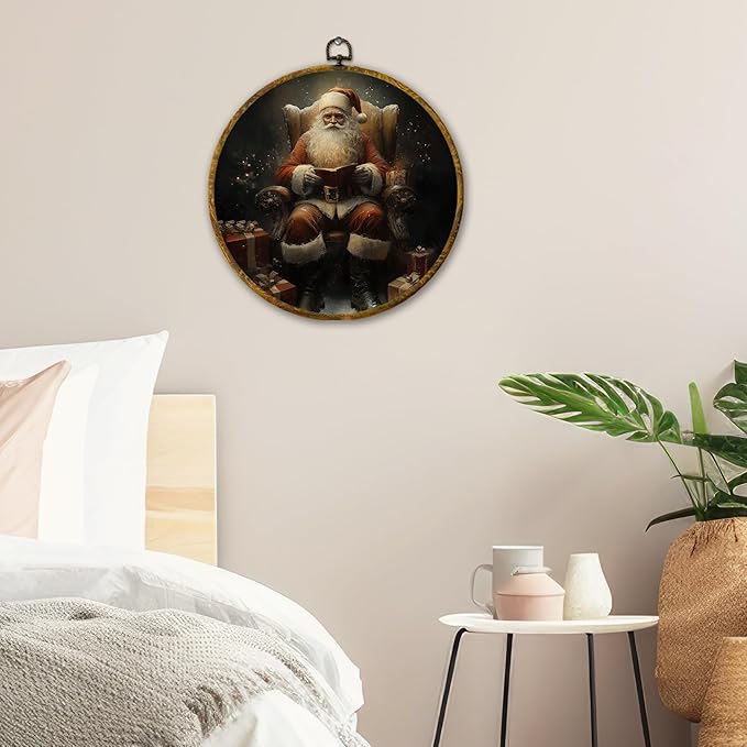 QZQE Vintage Christmas Santa Round Wall Art Decor Framed, Dark Moody Santa Reading Book Circle Canvas Prints, Rustic Xmas Circular Wall Hanging Decor for Home Library Reading Room Gallery, 10x10 Inch