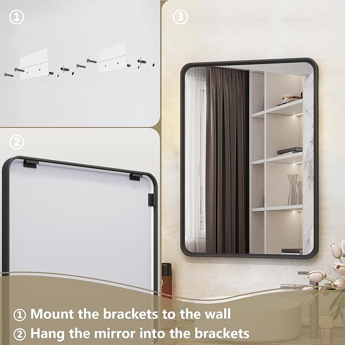 OKPAL 28X32 Inch Black Bathroom Mirror, Bathroom Vanity Mirror for Wall, Black Rectangle Mirror, Round Corner, Rustproof, HD Glass(Horizontal/Vertical)