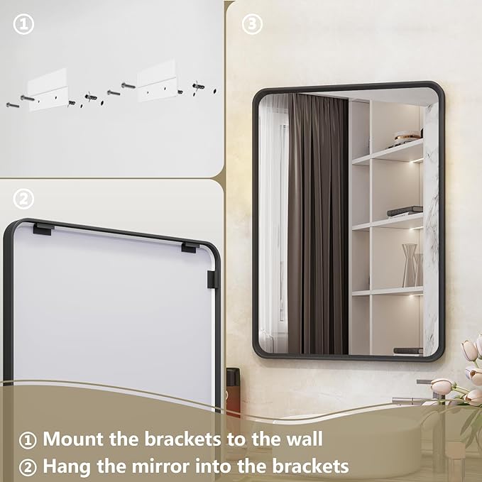 OKPAL 20X28 Inch Matte Black Bathroom Mirror for Wall, Black Metal Frame Vanity Mirror, Black Rounded Rectangle Mirror for Bedroom, Anti-Rust, Wall Mounted (Horizontal/Vertical)