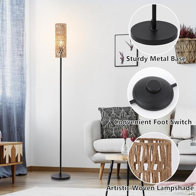 Floor Lamp for Living Room,Farmhouse Rattan Floor lamp,Modern Standing lamp with Hand-Worked Rattan Shade,Black Tall Lamp with Foot Switch,LED Bulb Included Black