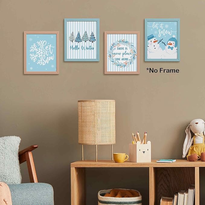 TLESKE Blue Winter Christmas Trees Let It Snow Posters Prints Unframed Set of 4, There Is Snow Place Like Home Wall Art Prints Decor for Bedroom Living Room, Hello Winter Snowmen Snowflakes Pictures, 8x10 Inches