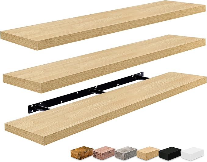 Sorbus Floating Shelves for Wall - 55 Inch Extra-Long Bathroom Shelves, Wall Decor for Bedroom, Kitchen, Living Room, Book Storage - Mounted Floating Shelf with Hidden Brackets (Maple Wood, 3 Pack)