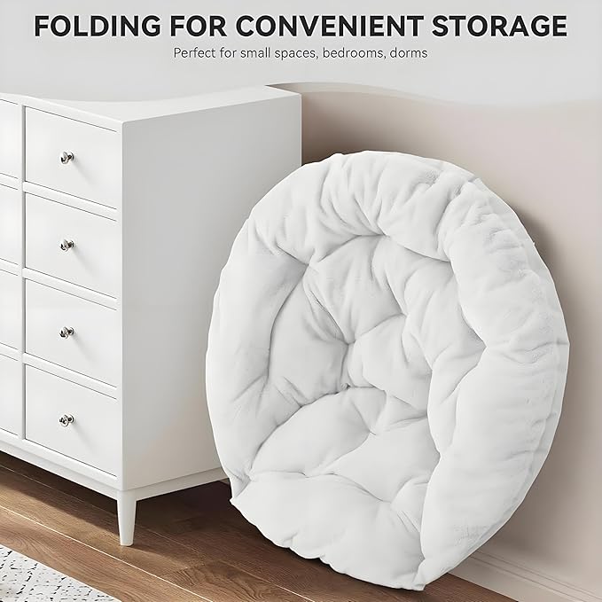 Magshion Saucer Chair for Adults, Comfy Living Room Lounge Chair for Bedroom Corner, Dorm, Apartment, Faux Fur Fluffy Circle Accent Seat with Thick Padded & Folding Metal Frame (White)
