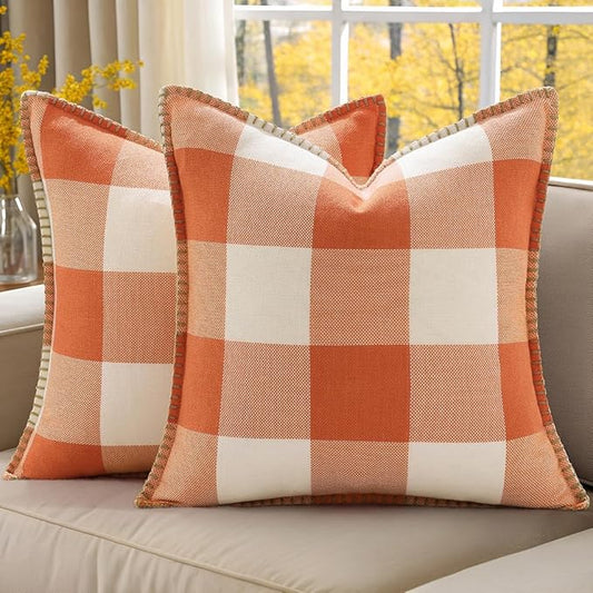 decorUhome Farmhouse Gingham Buffalo Plaid Check Throw Pillow Covers 18x18 Set of 2, Outdoor Fall Linen Decorative Pillow Covers with Stitched Edge for Bed Couch Sofa, Orange and White