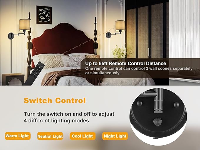 Plug in Wall Sconces with Remote Control, Dimming 10%-100% & Adjustable Colors 2700K-6500K, Hardwire or Plug-in, Swing Arm Wall Lamp with Gray Fabric Shade, Wall Sconces Set of Two, Black Finish