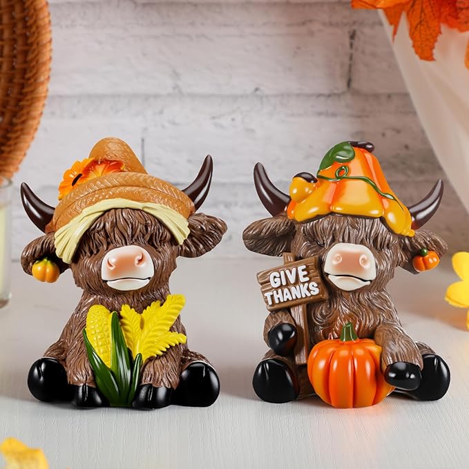 Karenhi 2 Pcs Fall Thanksgiving Day Highland Cow Figurines Harvest Pumpkin Highland Cow Gnomes Scottish Resin Statue Calf Lovers Gifts for Home Garden Kitchen Office Tiered Tray Table Decor