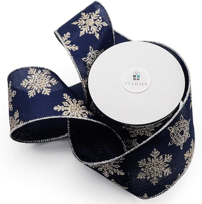 CT CRAFT LLC Navy Satin Gold Snowflake Wired Ribbon 2.5 Inch x 10 Yards for Christmas Home Decor Tree Topper Bow Gift Wrapping DIY Crafts Wreath Garland