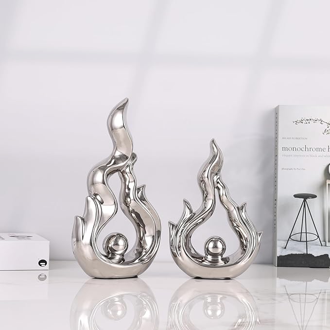 2 Pcs Silver Ceramic Sculptures for Home Decor, Modern Abstract Art Statues, Centerpieces for Dining Room Table, Living Room, Shelf, Mantel, Coffee Table, Entryway Accent Decorations