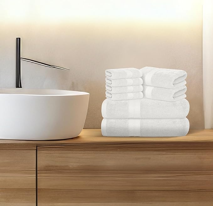 Avalon Towels Luxury 8 Piece White Towels Set, 2 Bath Towels, 2 Hand Towels and 4 Washcloths, 600 GSM 100% Ring Spun Cotton Highly Absorbent White Bathroom Towels, Ideal for Hotel, Spa and Gym