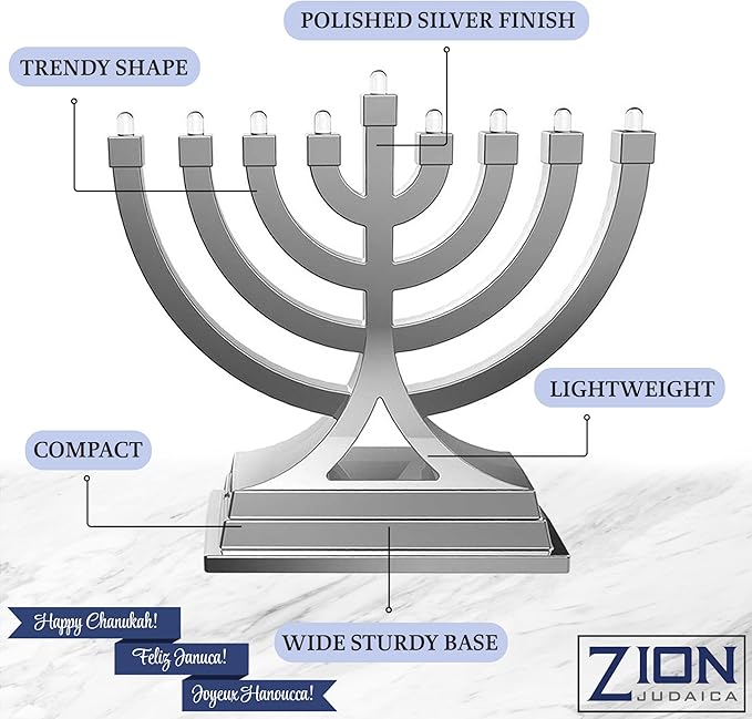 Mini Electric Menorah LED Battery or USB Powered - Push Button Multi Light Settings - Hanukkah Battery Operated Minorah Small Menorahs for Office Car Home Chanukah Decorations By Zion Judaica (Silver)