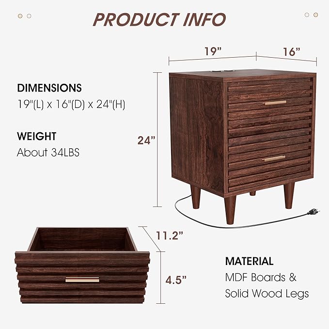 Alohappy Night Stand with Charging Station, Bedside Table with 2 Drawers, Mid Century Modern End Table, Bed Side Table with USB Ports and Outlets, Nightstand for Bedroom, Brown 1pc