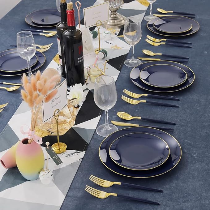 Liacere 150PCS Blue Plastic Plates - Gold Plastic Silverware with Blue Handle - Navy Disposable Plates Include 30 Guests Plates,Forks,Spoons,Knives for Wedding & Party & Halloween