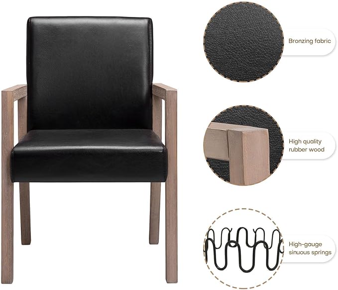 Black Dining Chairs, Upholstered Faux Leather Dining Chairs with Arms, Mid Century Modern Accent Chairs for Living Room Arm Chairs with Wood Frame (1, Black with Wood Arms)