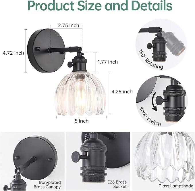 Vintage Wall Sconce with Cute Transparent Tulip Glass Lampshade 180 Degree Adjustable Black Sconce Hradwired Modern Wall Lighting Fixture with Switch for Bedside Bedroom Doorway