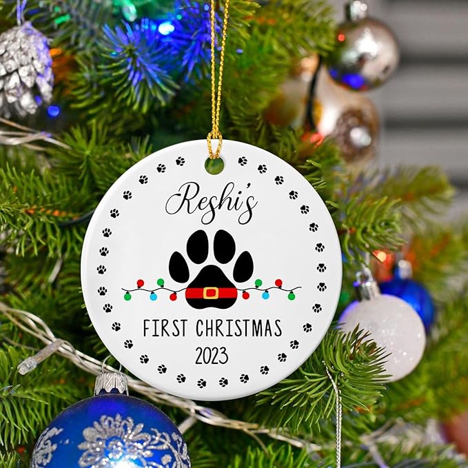 Pet Dog Cat First Christmas Ornament 2025, Personalized Puppy Pawprint Ceramic Ornament, Puppy 1st Christmas Keepsake Gifts for Dog Owners, Custom Pet Dog Cat Name & Year, My Fur Baby's 1st Christmas