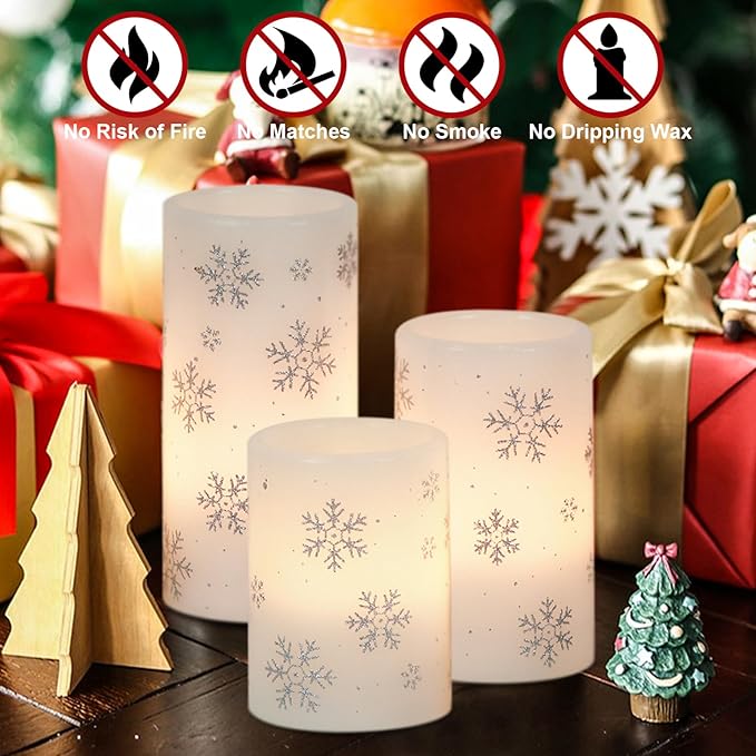 DRomance Silver Snowflake Flameless Flickering Candles Battery Operated with 6H Timer, 3 Pack Real Wax Warm Light LED Pillar Candles Dinner Tabletop Holiday Centerpiece Decor 3" x 6"