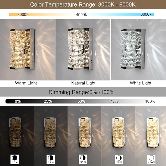 HuisMier Chrome Crystal Wall Sconces, Modern Dimmable LED Wall Light Fixtures with 3 Color Temperature, K9 Elegant Crystal Vanity Wall Lighting for Bathroom Bedroom Living Room Stairway Hallway