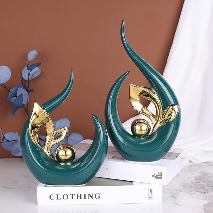 13" H Green Gold Abstract Sculptures Home Decor, Ceramic Art Statue Cool Stuff to Put on Shelves&tv Stand Decor, Gold Accent Entertainment Center, for Fireplace Coffee Table Dining Table Decorate